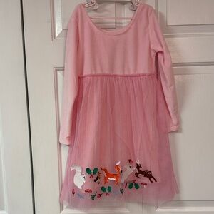 Pink Long Sleeve Dress Wonderland Animals Embroidery
